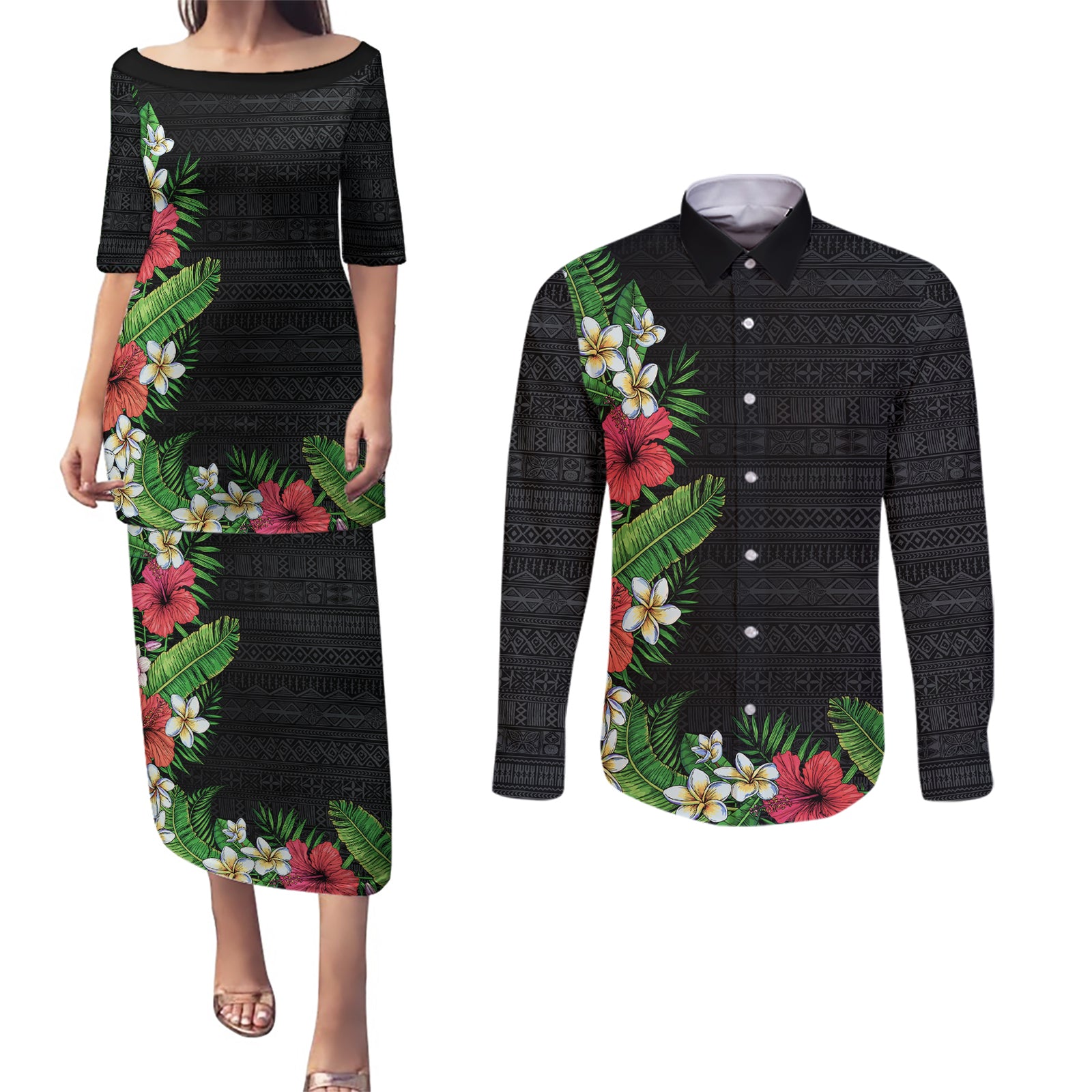 Hawaii Tropical Flowers and Leaves Couples Matching Puletasi and Long Sleeve Button Shirt Tapa Pattern Colorful Mode