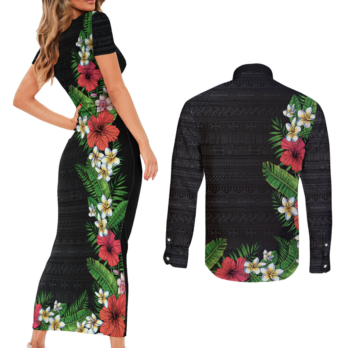 Hawaii Tropical Flowers and Leaves Couples Matching Short Sleeve Bodycon Dress and Long Sleeve Button Shirt Tapa Pattern Colorful Mode