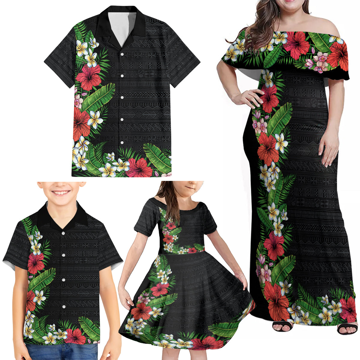 Hawaii Tropical Flowers and Leaves Family Matching Off Shoulder Maxi Dress and Hawaiian Shirt Tapa Pattern Colorful Mode