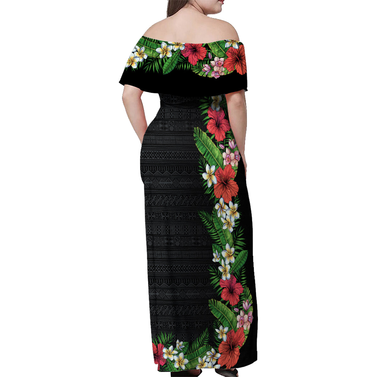 Hawaii Tropical Flowers and Leaves Family Matching Off Shoulder Maxi Dress and Hawaiian Shirt Tapa Pattern Colorful Mode