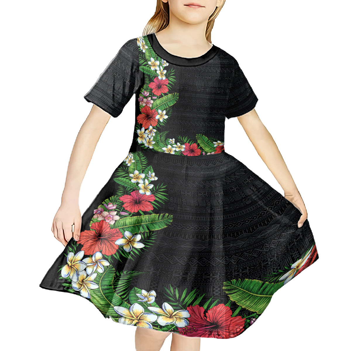 Hawaii Tropical Flowers and Leaves Kid Short Sleeve Dress Tapa Pattern Colorful Mode