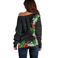 Hawaii Tropical Flowers and Leaves Off Shoulder Sweater Tapa Pattern Colorful Mode