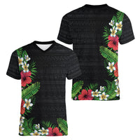 Hawaii Tropical Flowers and Leaves Women V-Neck T-Shirt Tapa Pattern Colorful Mode