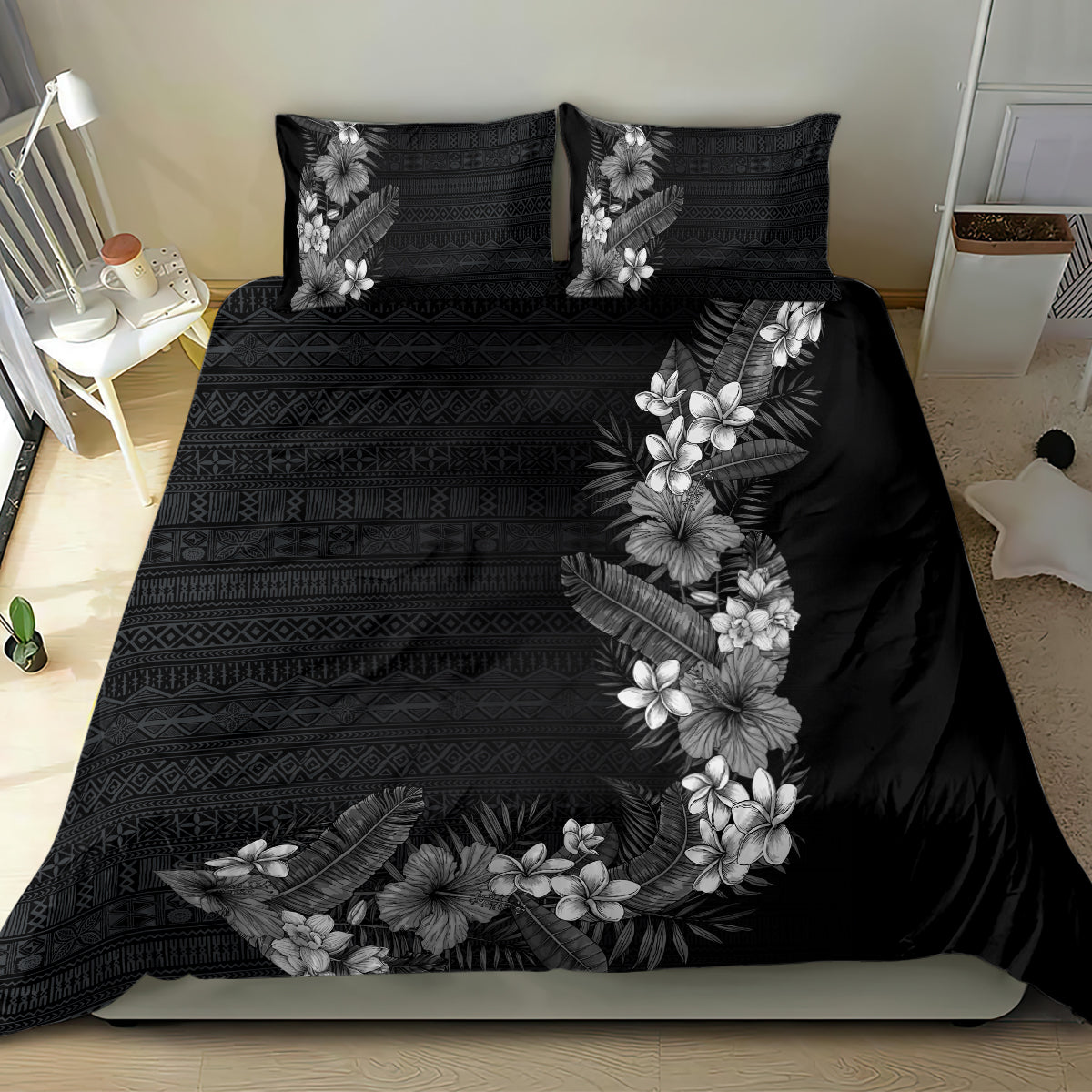 Hawaii Tropical Flowers and Leaves Bedding Set Tapa Pattern Grayscale Mode
