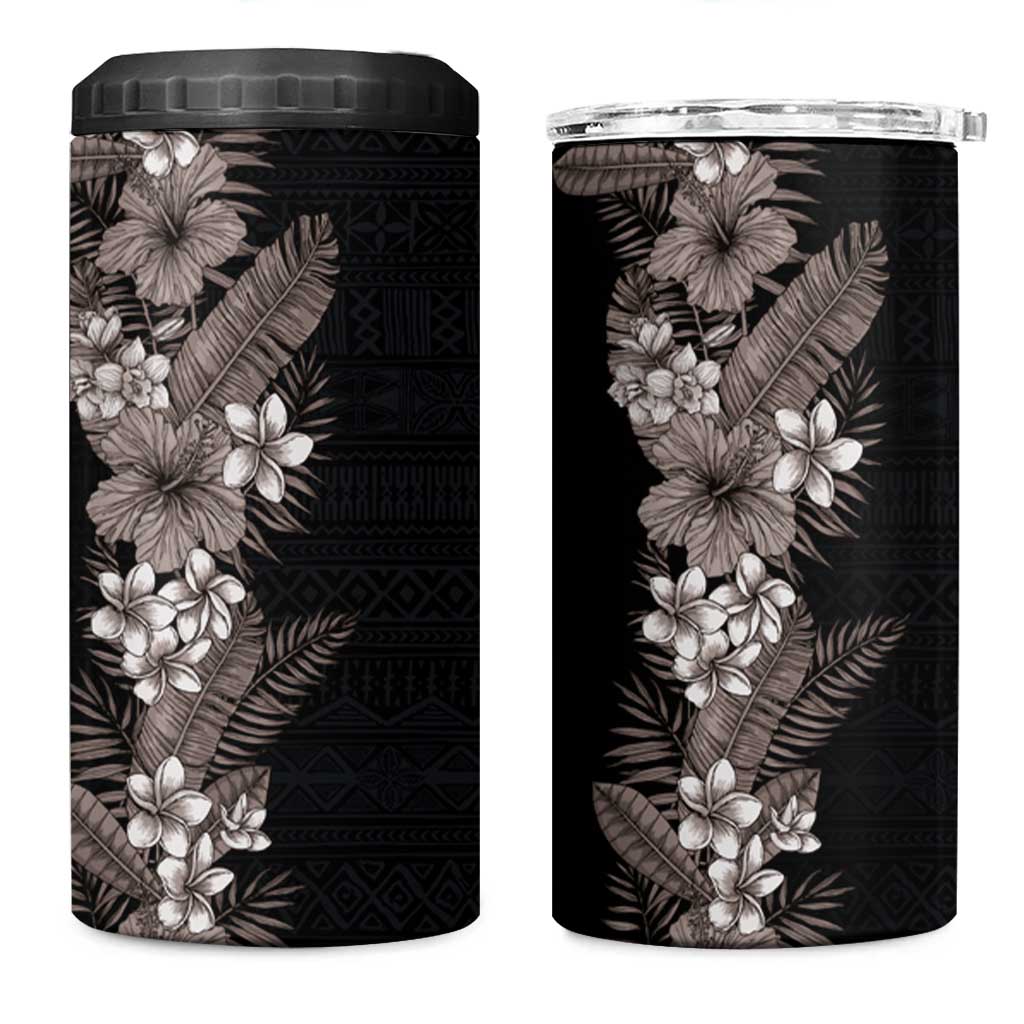 Hawaii Tropical Flowers and Leaves 4 in 1 Can Cooler Tumbler Tapa Pattern Grayscale Mode