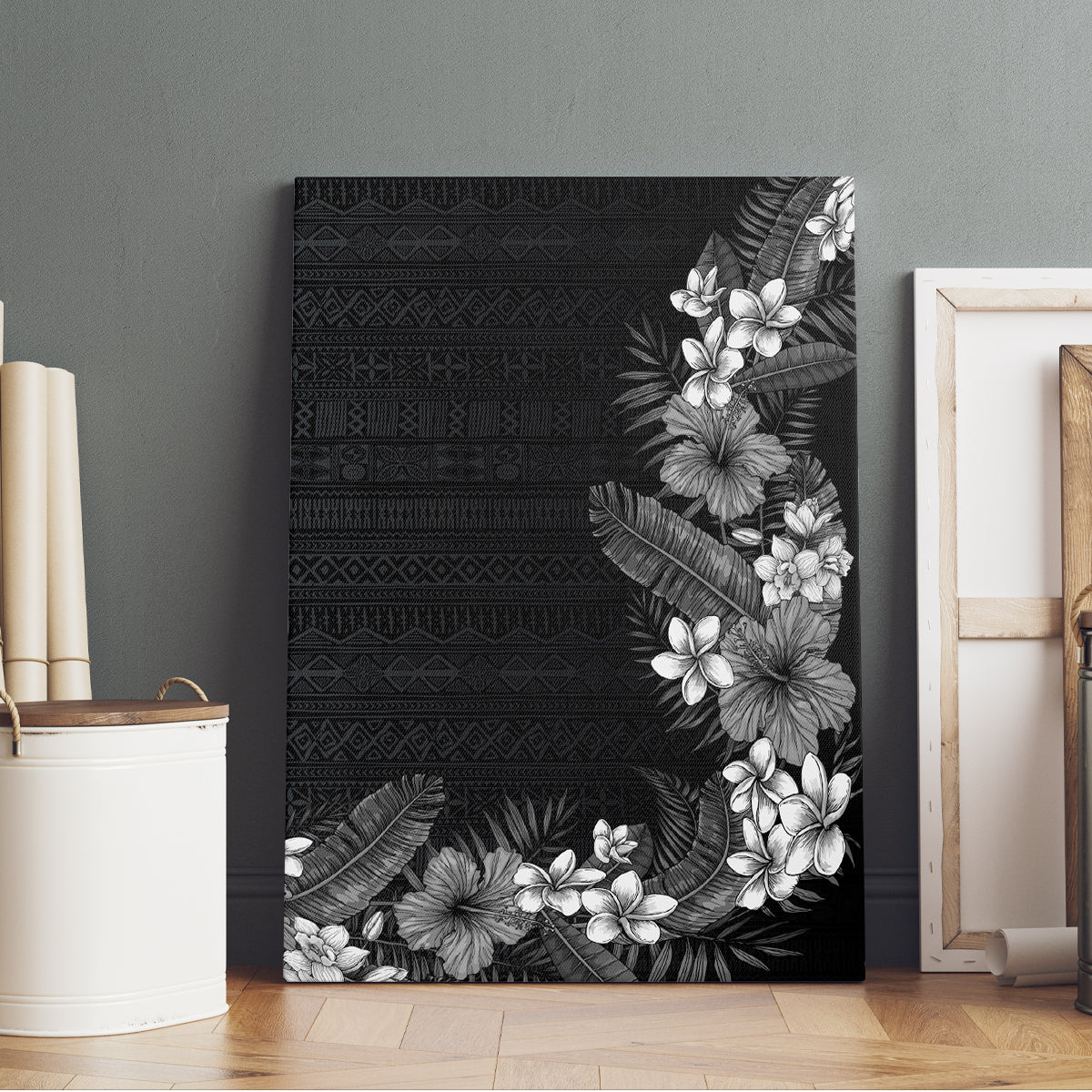 Hawaii Tropical Flowers and Leaves Canvas Wall Art Tapa Pattern Grayscale Mode