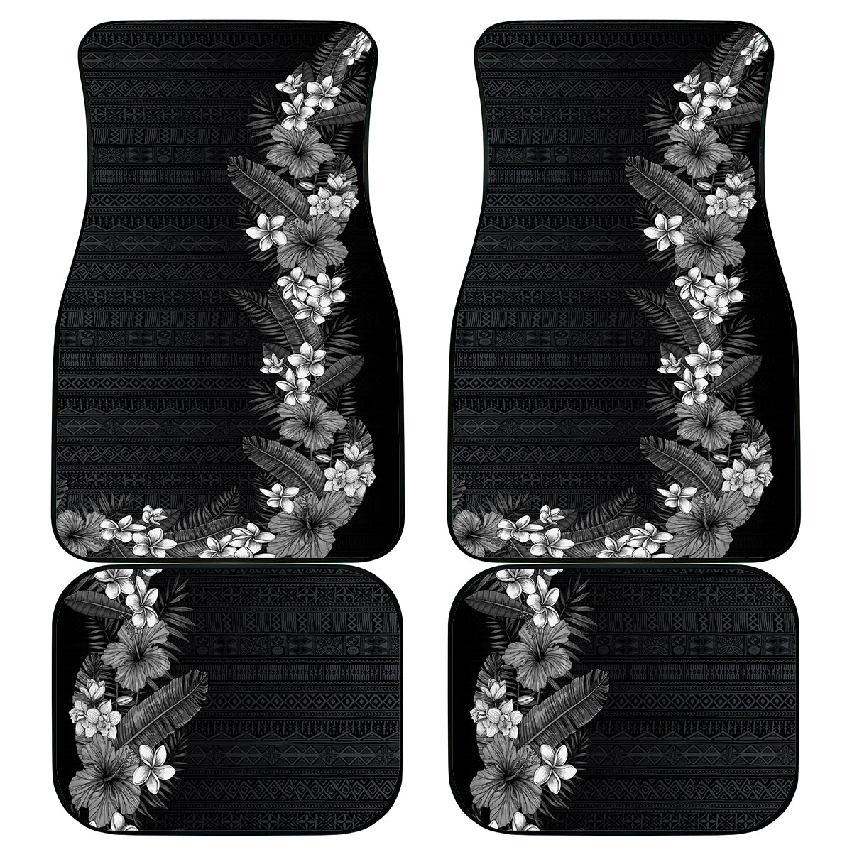 Hawaii Tropical Flowers and Leaves Car Mats Tapa Pattern Grayscale Mode