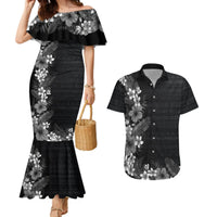 Hawaii Tropical Flowers and Leaves Couples Matching Mermaid Dress and Hawaiian Shirt Tapa Pattern Grayscale Mode LT03 Grayscale - Polynesian Pride