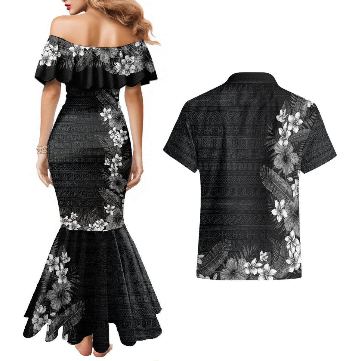 Hawaii Tropical Flowers and Leaves Couples Matching Mermaid Dress and Hawaiian Shirt Tapa Pattern Grayscale Mode LT03 - Polynesian Pride