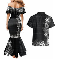 Hawaii Tropical Flowers and Leaves Couples Matching Mermaid Dress and Hawaiian Shirt Tapa Pattern Grayscale Mode LT03 - Polynesian Pride