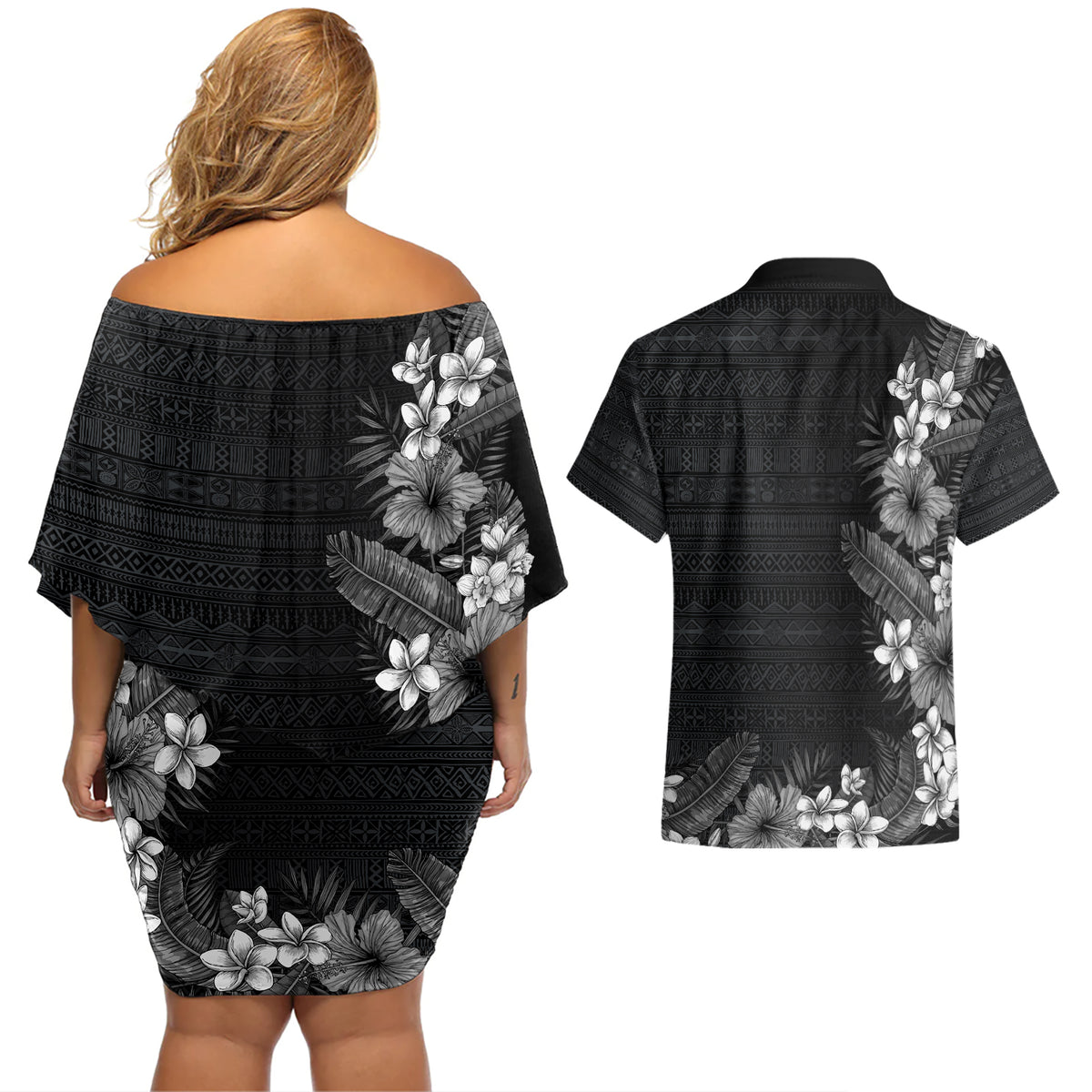 Hawaii Tropical Flowers and Leaves Couples Matching Off Shoulder Short Dress and Hawaiian Shirt Tapa Pattern Grayscale Mode