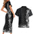 Hawaii Tropical Flowers and Leaves Couples Matching Short Sleeve Bodycon Dress and Hawaiian Shirt Tapa Pattern Grayscale Mode