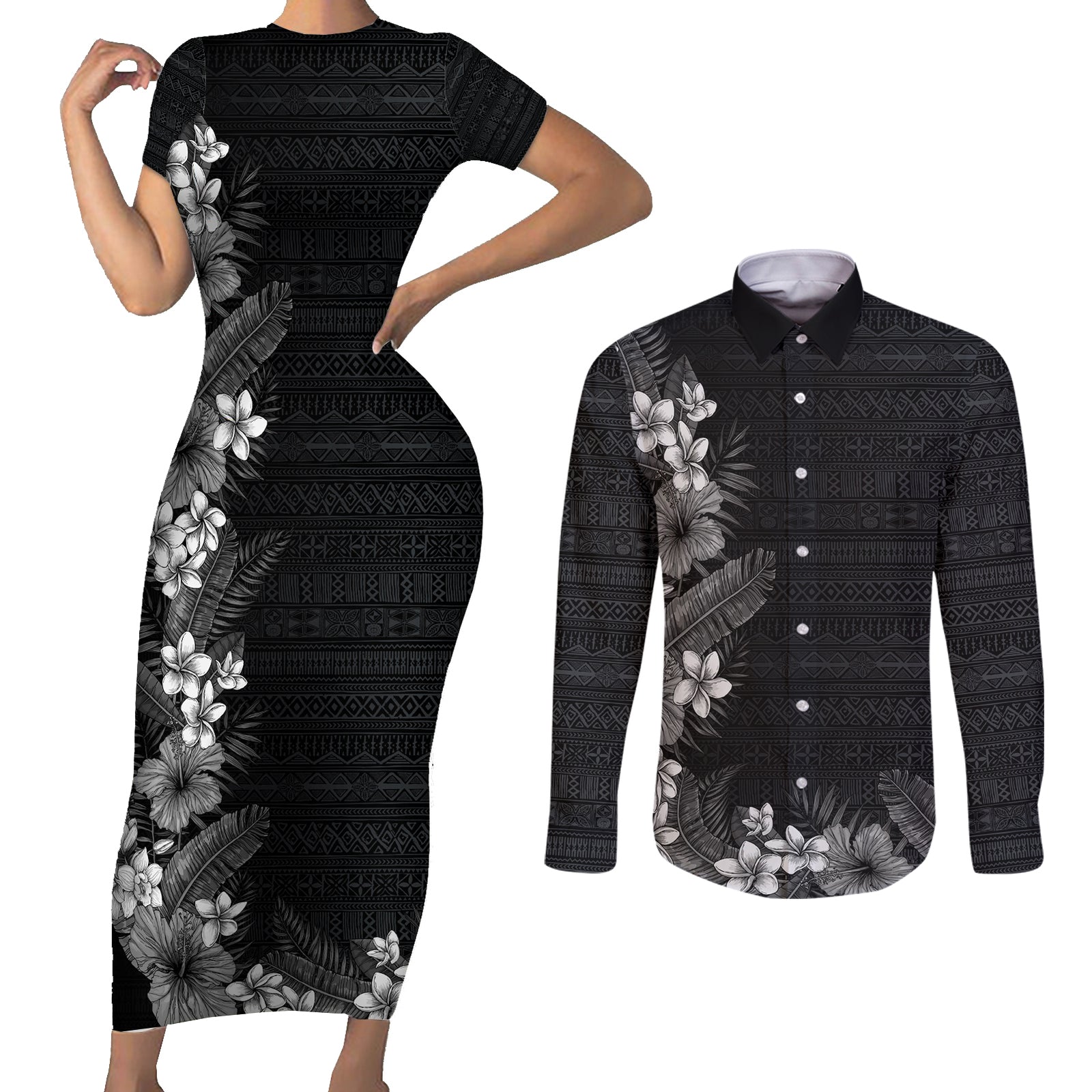Hawaii Tropical Flowers and Leaves Couples Matching Short Sleeve Bodycon Dress and Long Sleeve Button Shirt Tapa Pattern Grayscale Mode