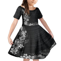 Hawaii Tropical Flowers and Leaves Family Matching Mermaid Dress and Hawaiian Shirt Tapa Pattern Grayscale Mode