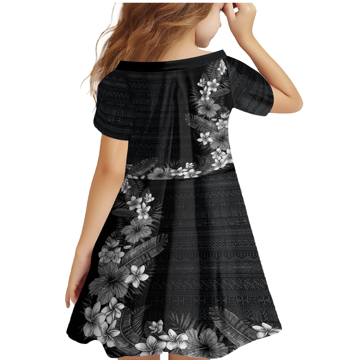 Hawaii Tropical Flowers and Leaves Family Matching Mermaid Dress and Hawaiian Shirt Tapa Pattern Grayscale Mode