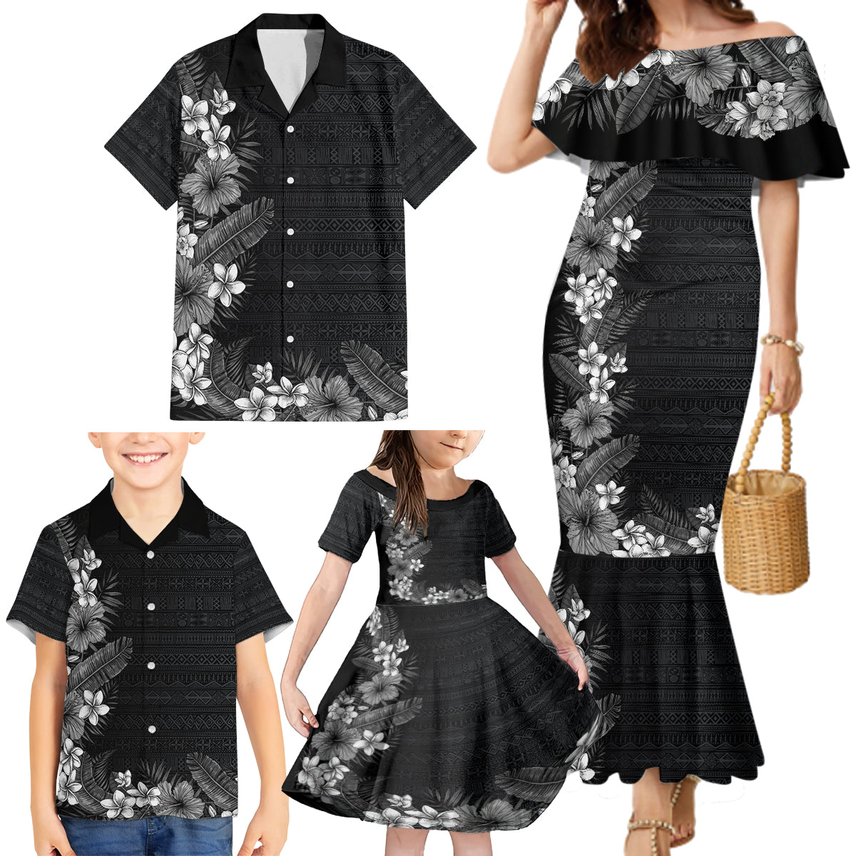 Hawaii Tropical Flowers and Leaves Family Matching Mermaid Dress and Hawaiian Shirt Tapa Pattern Grayscale Mode