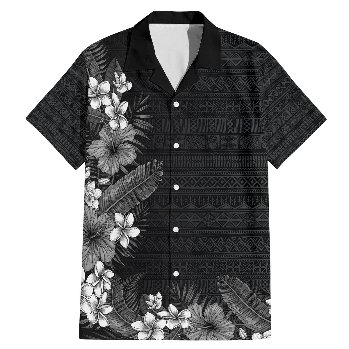 Hawaii Tropical Flowers and Leaves Family Matching Mermaid Dress and Hawaiian Shirt Tapa Pattern Grayscale Mode