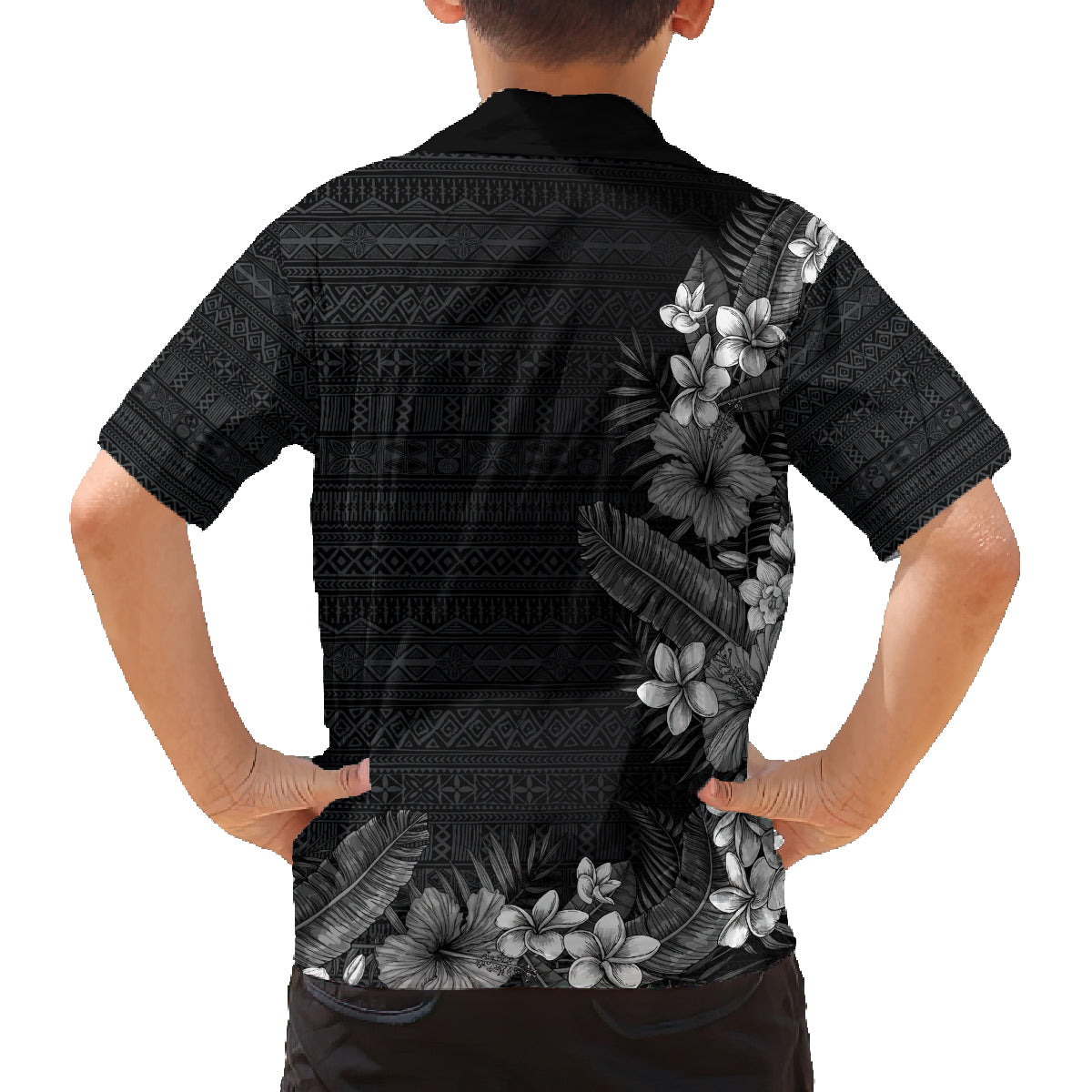 Hawaii Tropical Flowers and Leaves Family Matching Off The Shoulder Long Sleeve Dress and Hawaiian Shirt Tapa Pattern Grayscale Mode