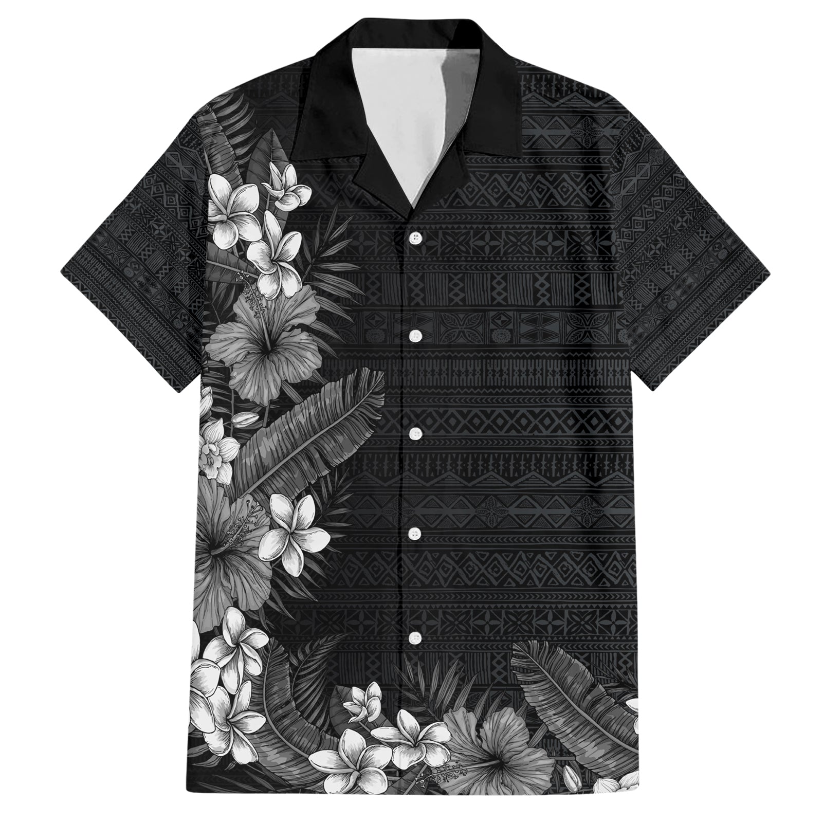 Hawaii Tropical Flowers and Leaves Hawaiian Shirt Tapa Pattern Grayscale Mode