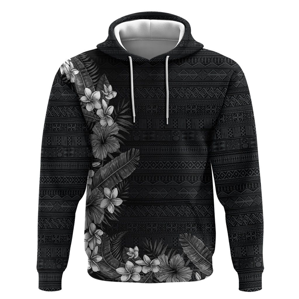 Hawaii Tropical Flowers and Leaves Hoodie Tapa Pattern Grayscale Mode