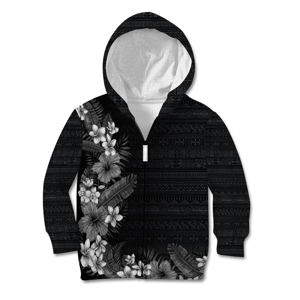 Hawaii Tropical Flowers and Leaves Kid Hoodie Tapa Pattern Grayscale Mode