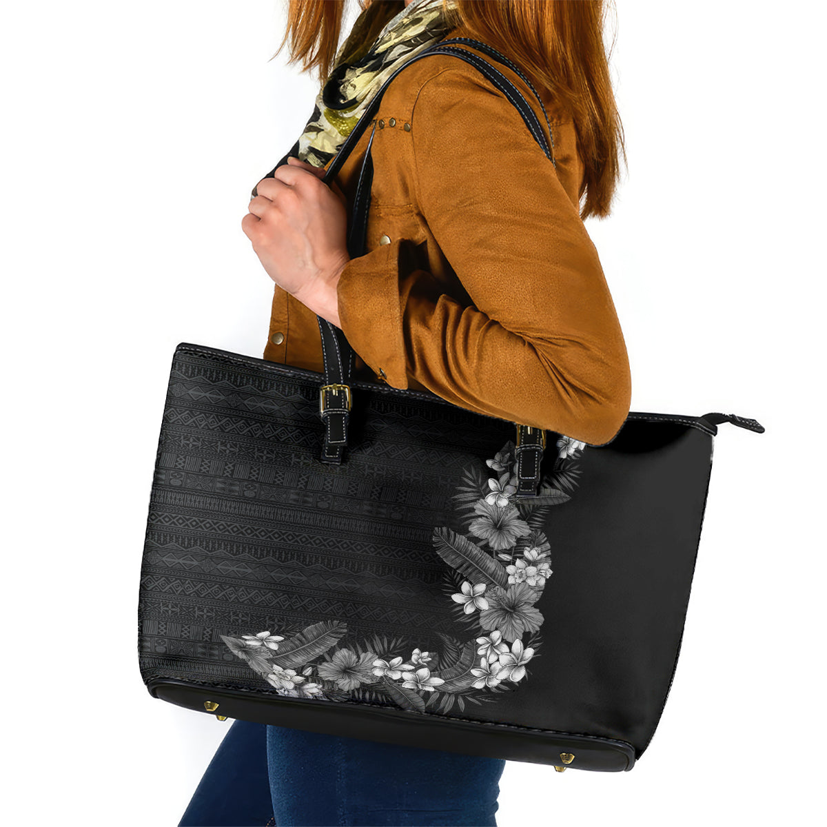 Hawaii Tropical Flowers and Leaves Leather Tote Bag Tapa Pattern Grayscale Mode