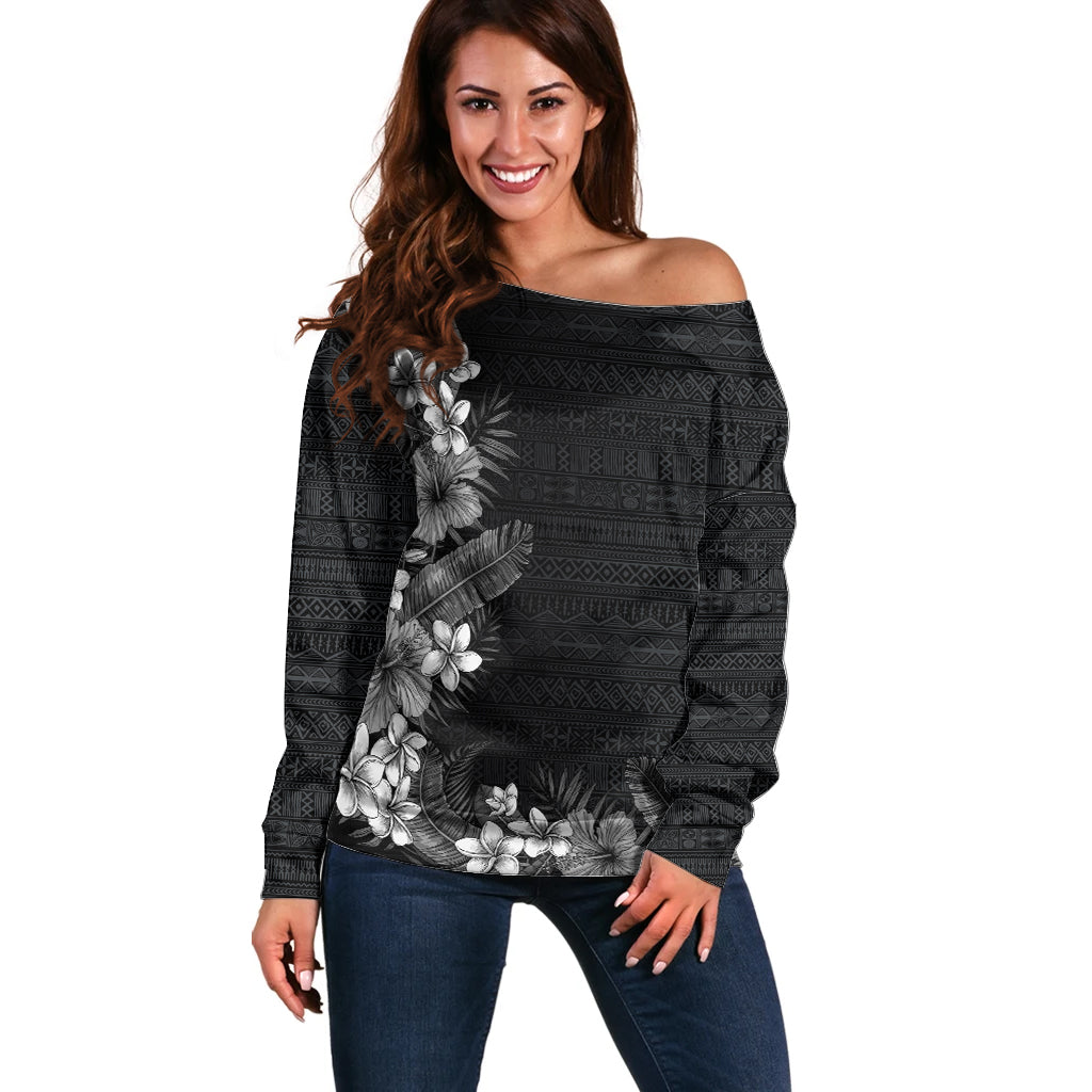 Hawaii Tropical Flowers and Leaves Off Shoulder Sweater Tapa Pattern Grayscale Mode