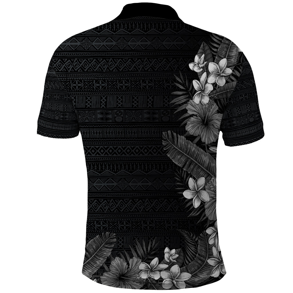 Hawaii Tropical Flowers and Leaves Polo Shirt Tapa Pattern Grayscale Mode