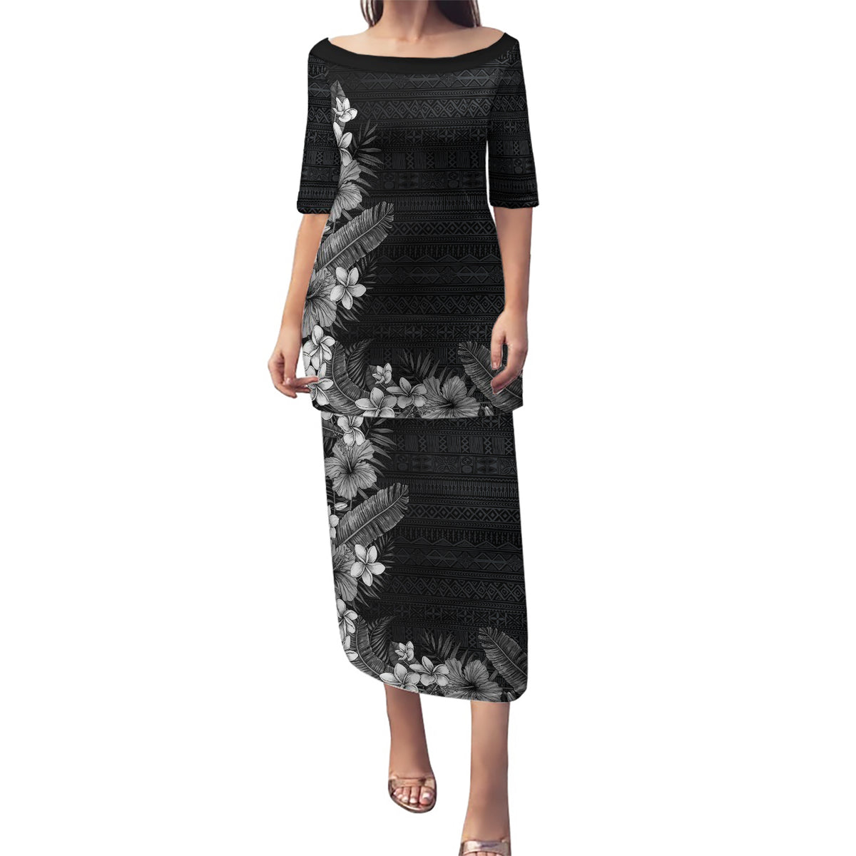 Hawaii Tropical Flowers and Leaves Puletasi Tapa Pattern Grayscale Mode