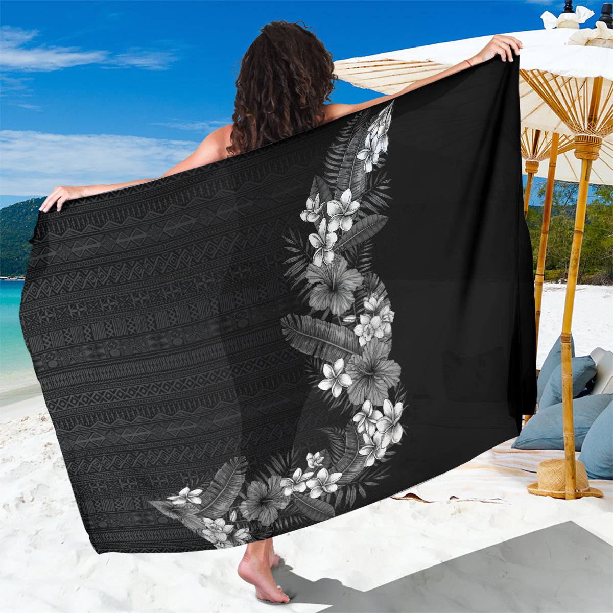 Hawaii Tropical Flowers and Leaves Sarong Tapa Pattern Grayscale Mode