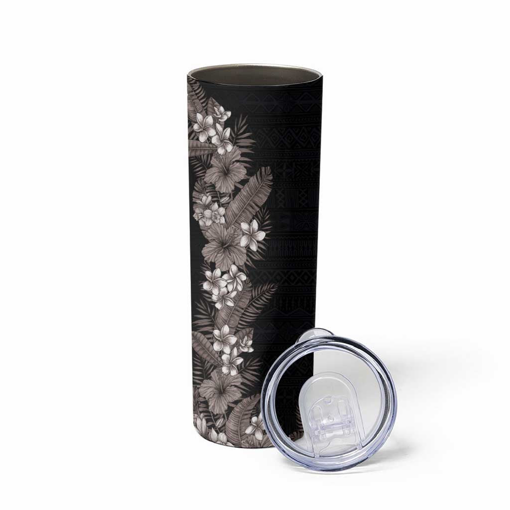 Hawaii Tropical Flowers and Leaves Skinny Tumbler Tapa Pattern Grayscale Mode
