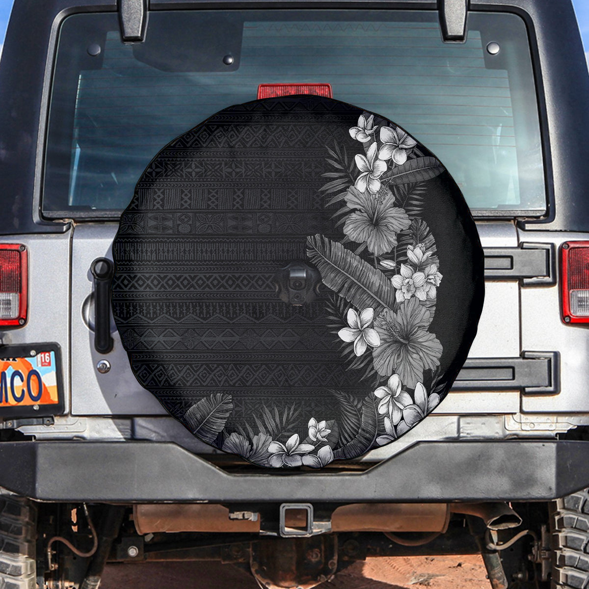 Hawaii Tropical Flowers and Leaves Spare Tire Cover Tapa Pattern Grayscale Mode