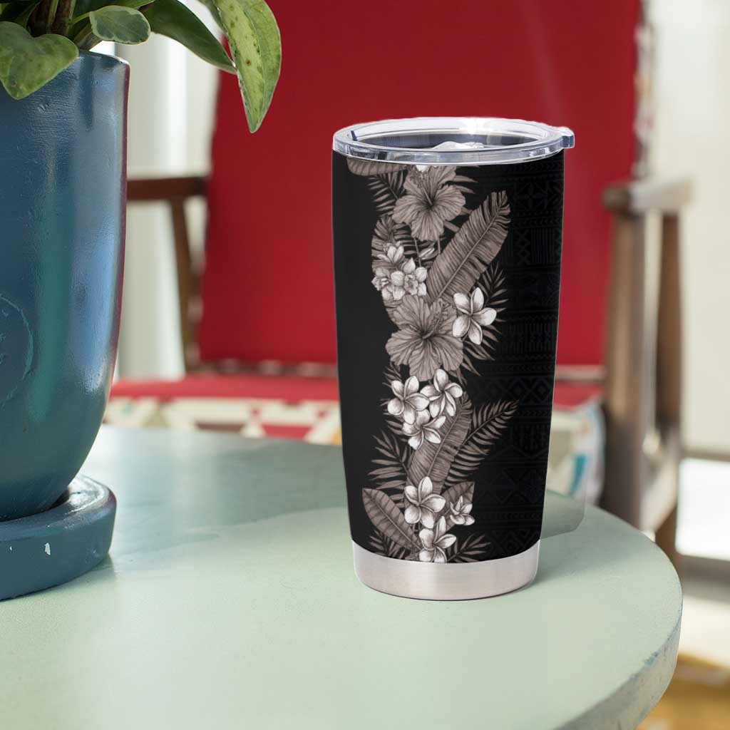 Hawaii Tropical Flowers and Leaves Tumbler Cup Tapa Pattern Grayscale Mode