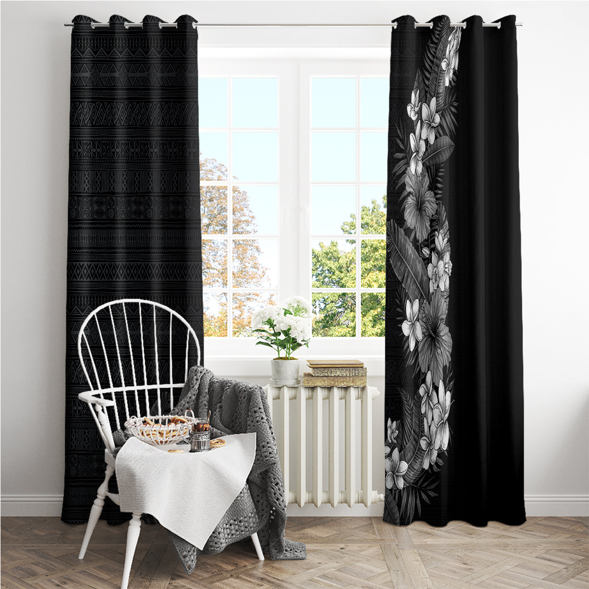 Hawaii Tropical Flowers and Leaves Window Curtain Tapa Pattern Grayscale Mode