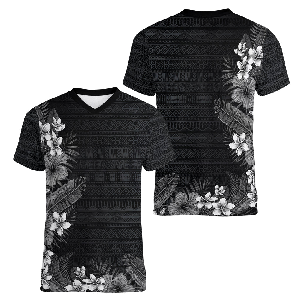 Hawaii Tropical Flowers and Leaves Women V-Neck T-Shirt Tapa Pattern Grayscale Mode