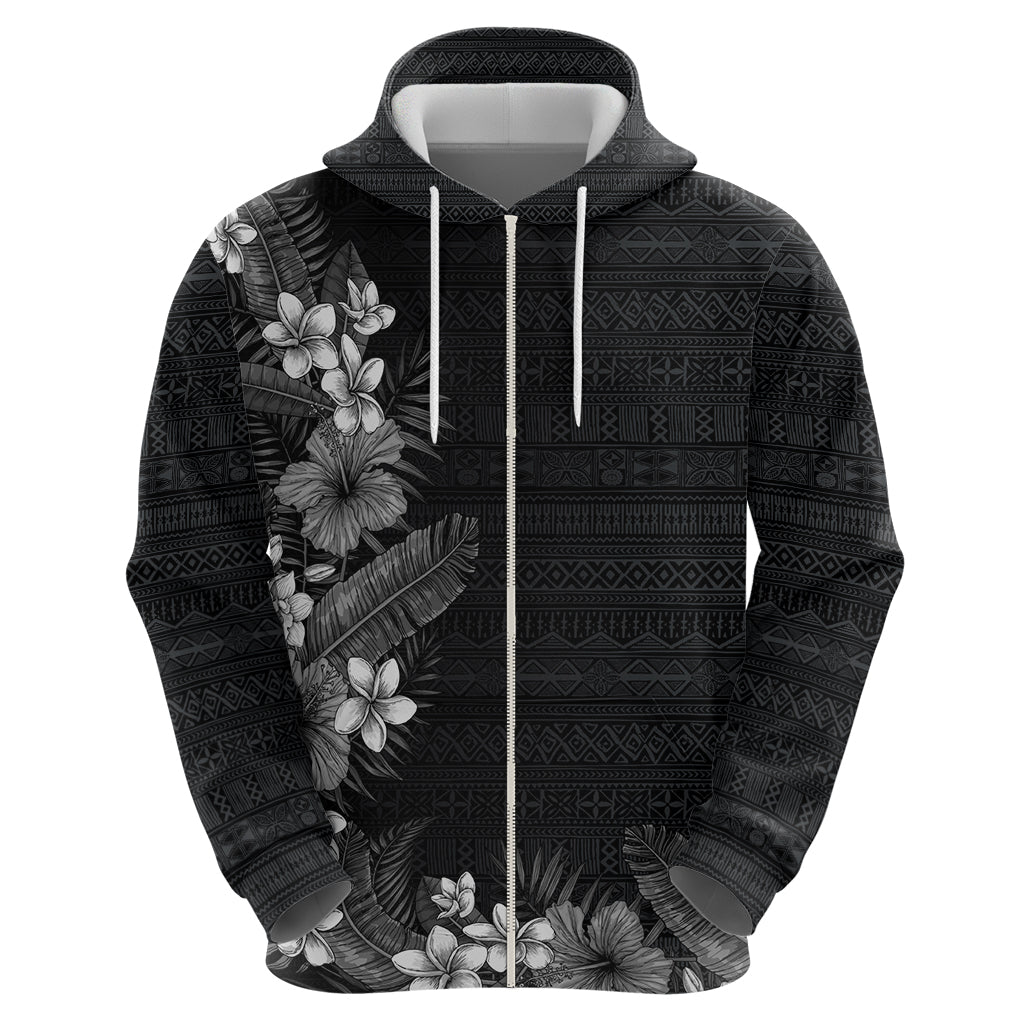 Hawaii Tropical Flowers and Leaves Zip Hoodie Tapa Pattern Grayscale Mode