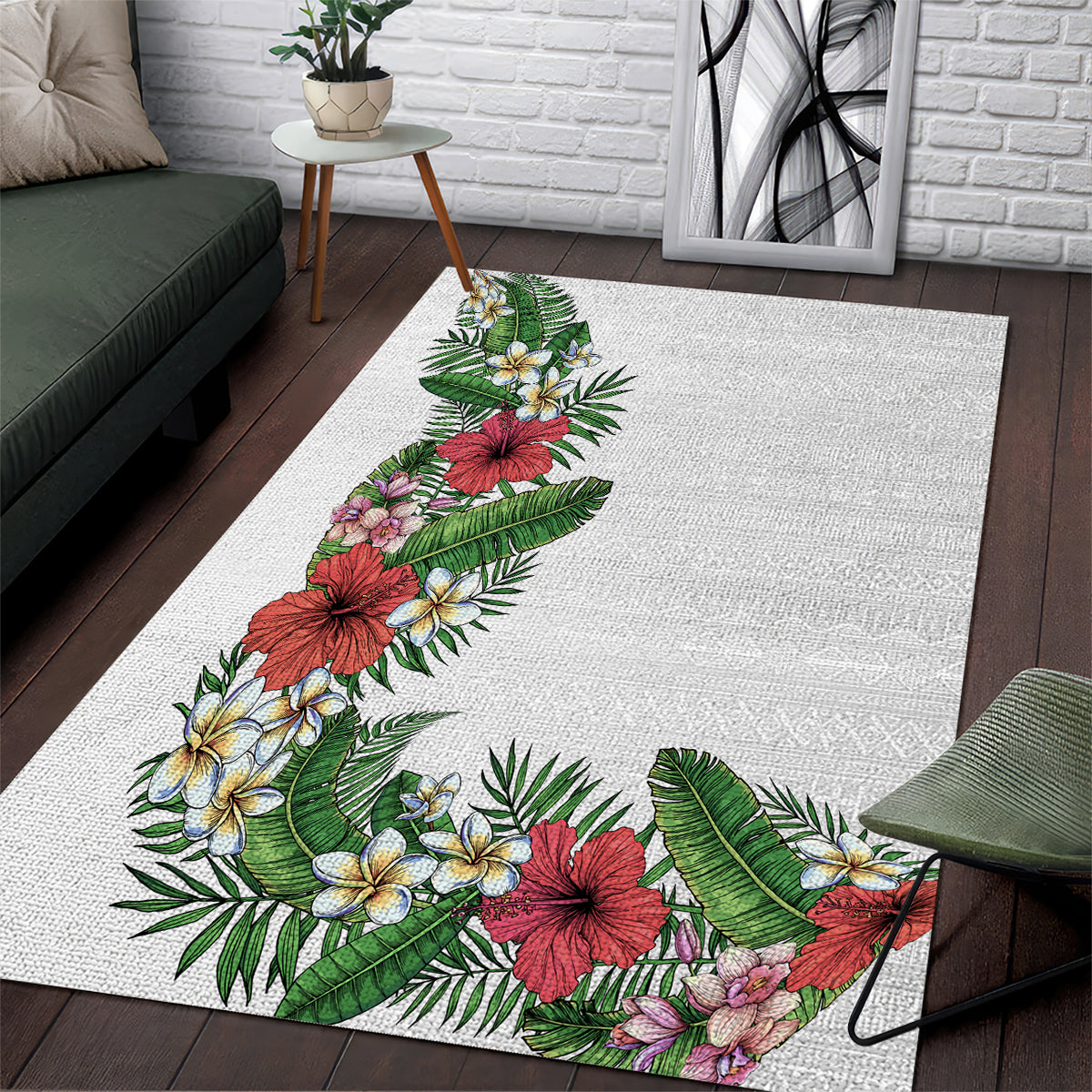 Hawaii Tropical Flowers and Leaves Area Rug Tapa Pattern White Mode