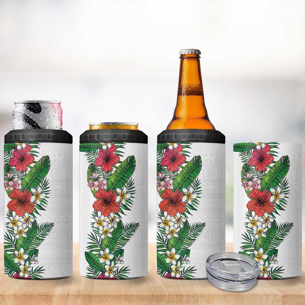 Hawaii Tropical Flowers and Leaves 4 in 1 Can Cooler Tumbler Tapa Pattern White Mode