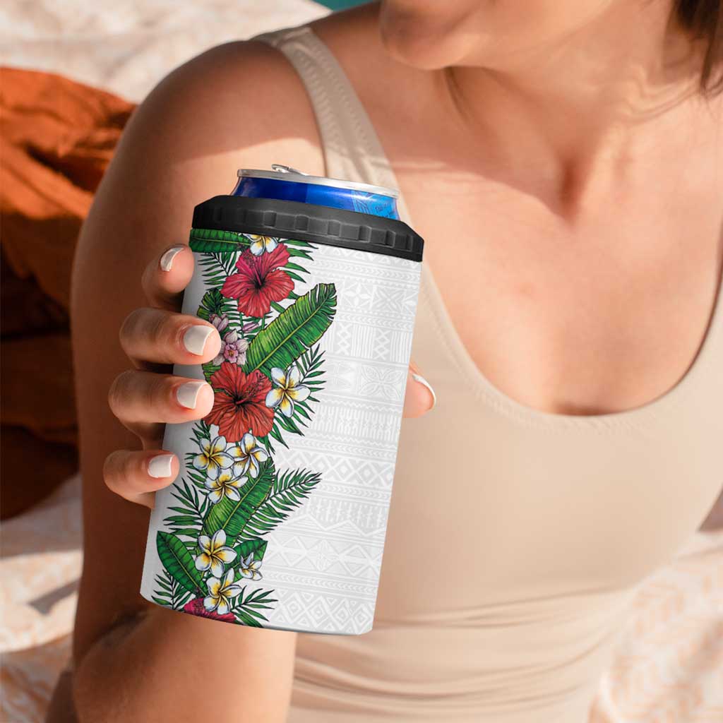 Hawaii Tropical Flowers and Leaves 4 in 1 Can Cooler Tumbler Tapa Pattern White Mode