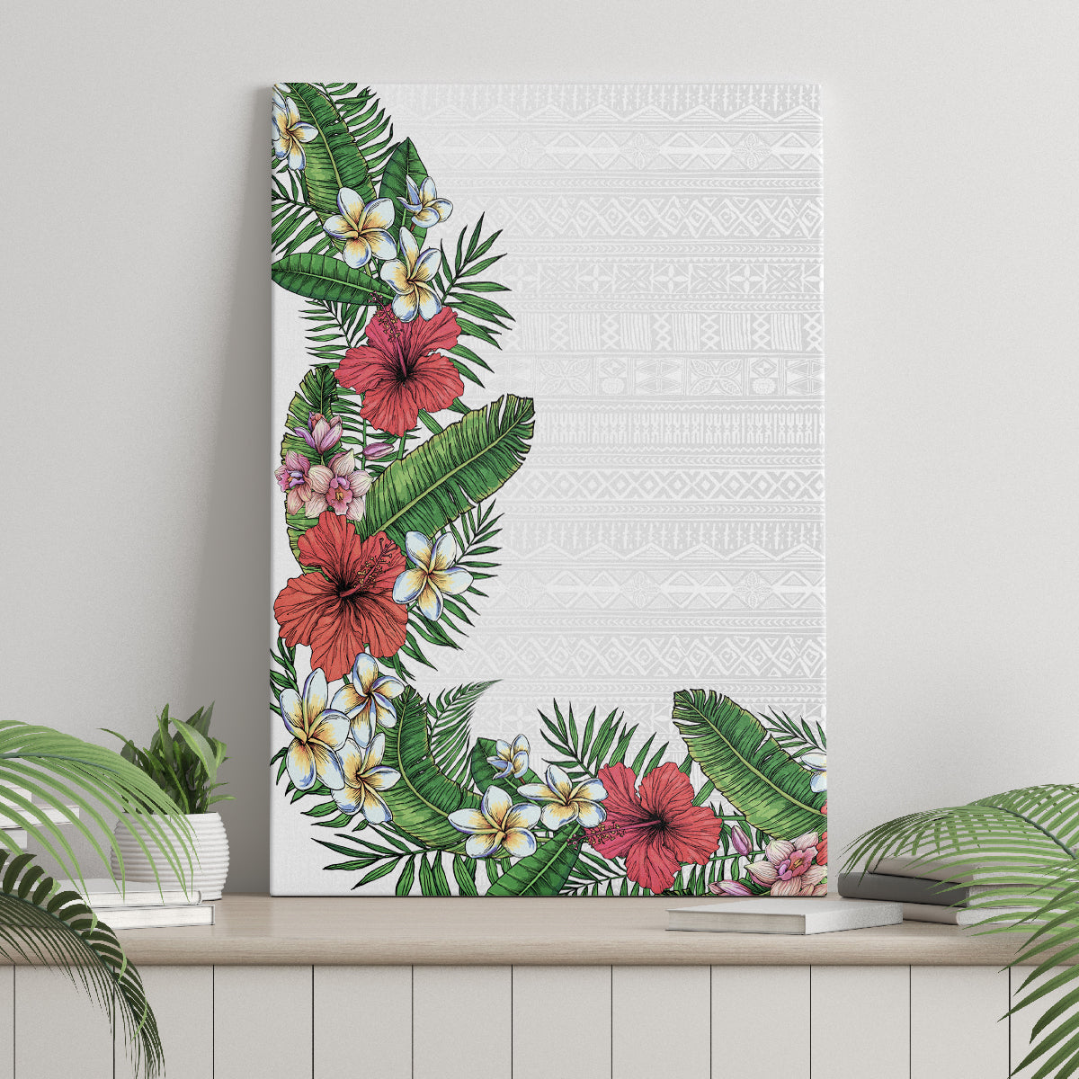Hawaii Tropical Flowers and Leaves Canvas Wall Art Tapa Pattern White Mode