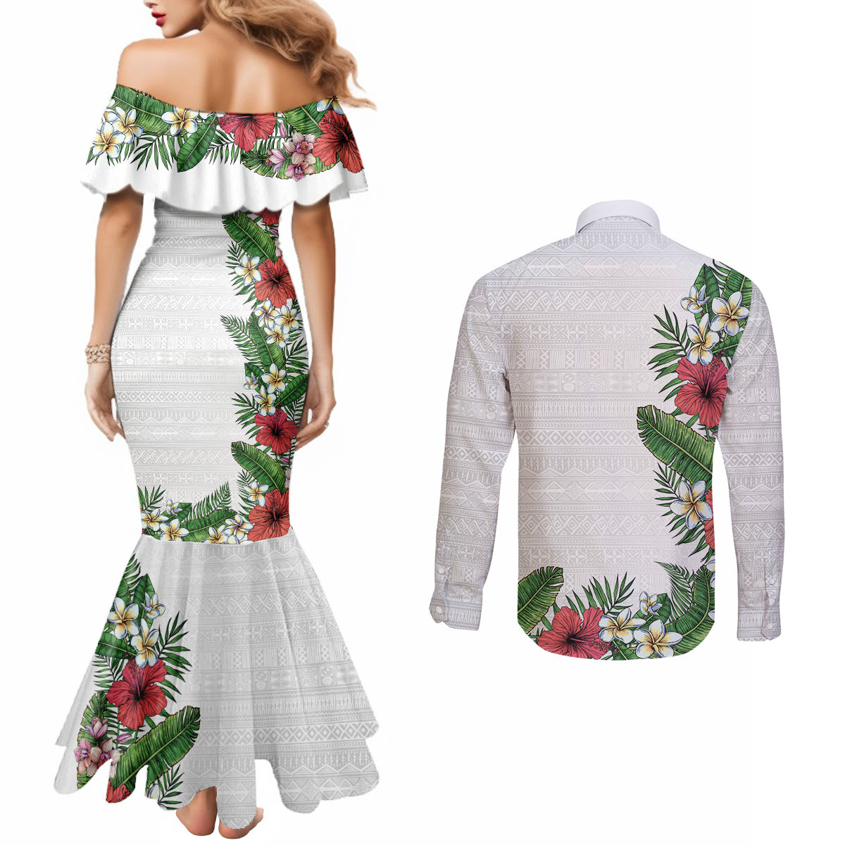 Hawaii Tropical Flowers and Leaves Couples Matching Mermaid Dress and Long Sleeve Button Shirt Tapa Pattern White Mode