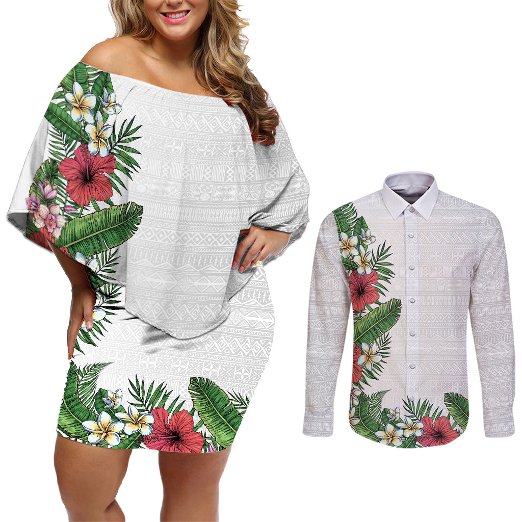 Hawaii Tropical Flowers and Leaves Couples Matching Off Shoulder Short Dress and Long Sleeve Button Shirt Tapa Pattern White Mode
