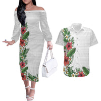 Hawaii Tropical Flowers and Leaves Couples Matching Off The Shoulder Long Sleeve Dress and Hawaiian Shirt Tapa Pattern White Mode