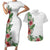 Hawaii Tropical Flowers and Leaves Couples Matching Short Sleeve Bodycon Dress and Hawaiian Shirt Tapa Pattern White Mode