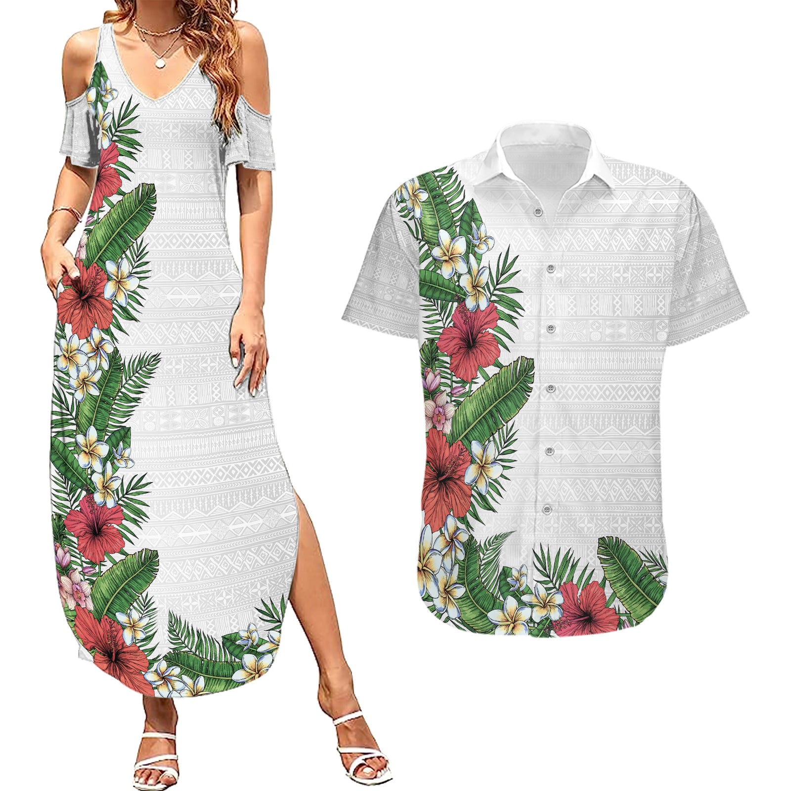 Hawaii Tropical Flowers and Leaves Couples Matching Summer Maxi Dress and Hawaiian Shirt Tapa Pattern White Mode
