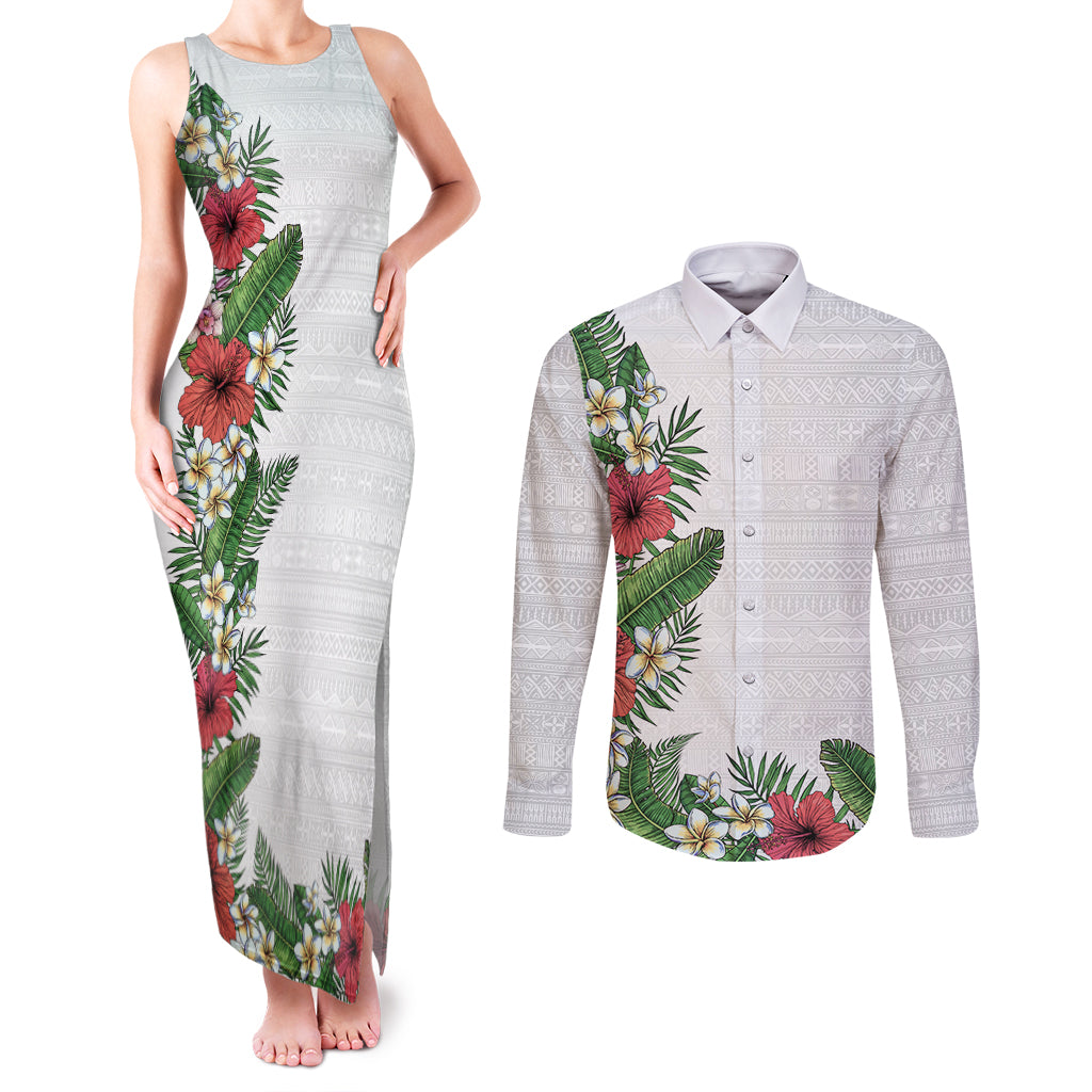 Hawaii Tropical Flowers and Leaves Couples Matching Tank Maxi Dress and Long Sleeve Button Shirt Tapa Pattern White Mode