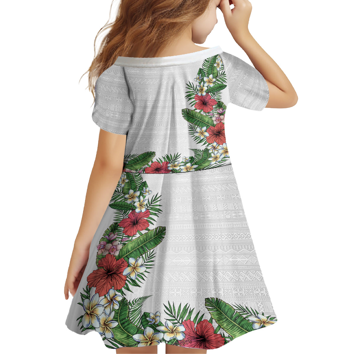 Hawaii Tropical Flowers and Leaves Family Matching Off Shoulder Maxi Dress and Hawaiian Shirt Tapa Pattern White Mode