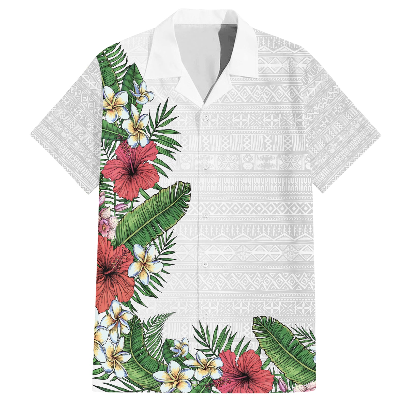 Hawaii Tropical Flowers and Leaves Hawaiian Shirt Tapa Pattern White Mode