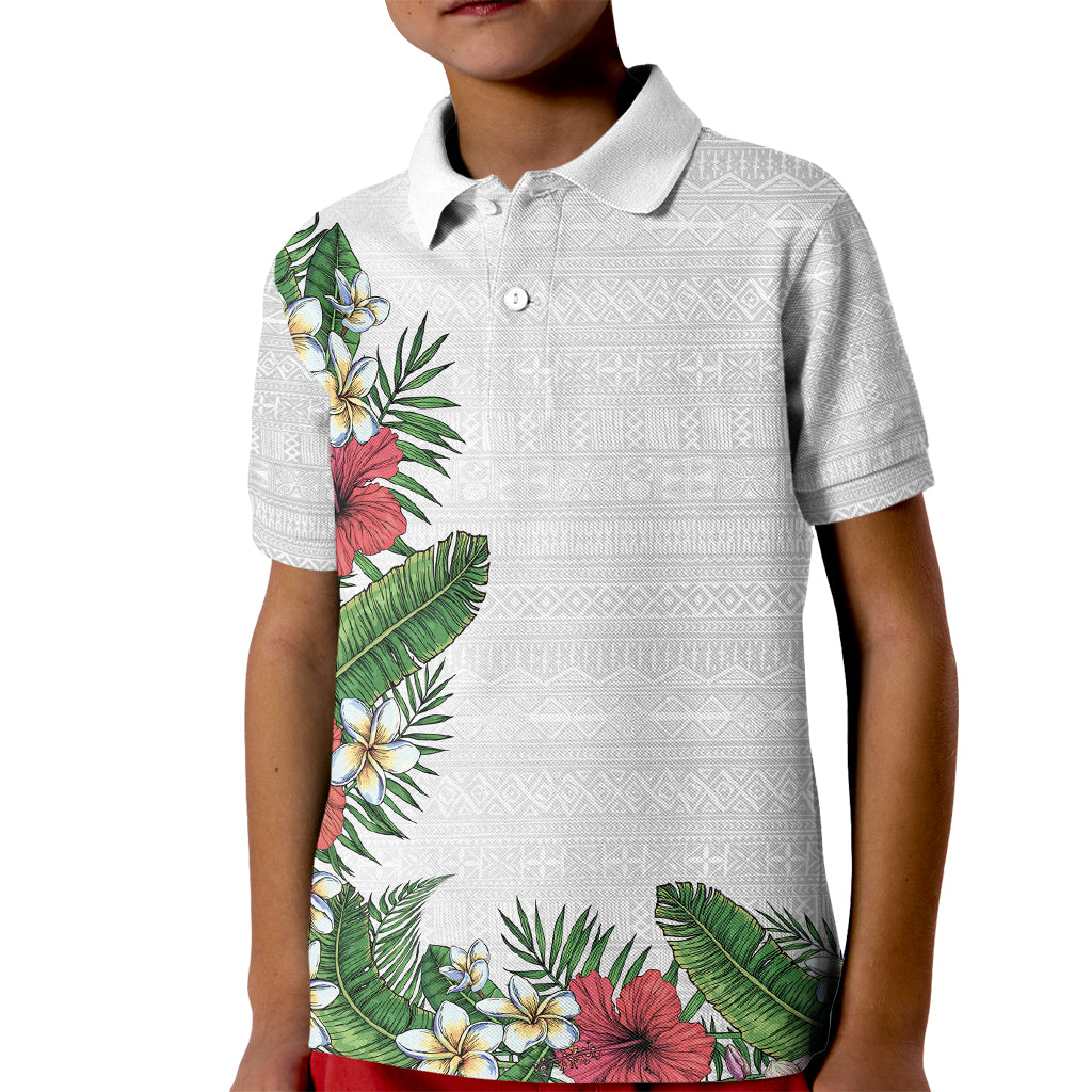 Hawaii Tropical Flowers and Leaves Kid Polo Shirt Tapa Pattern White Mode