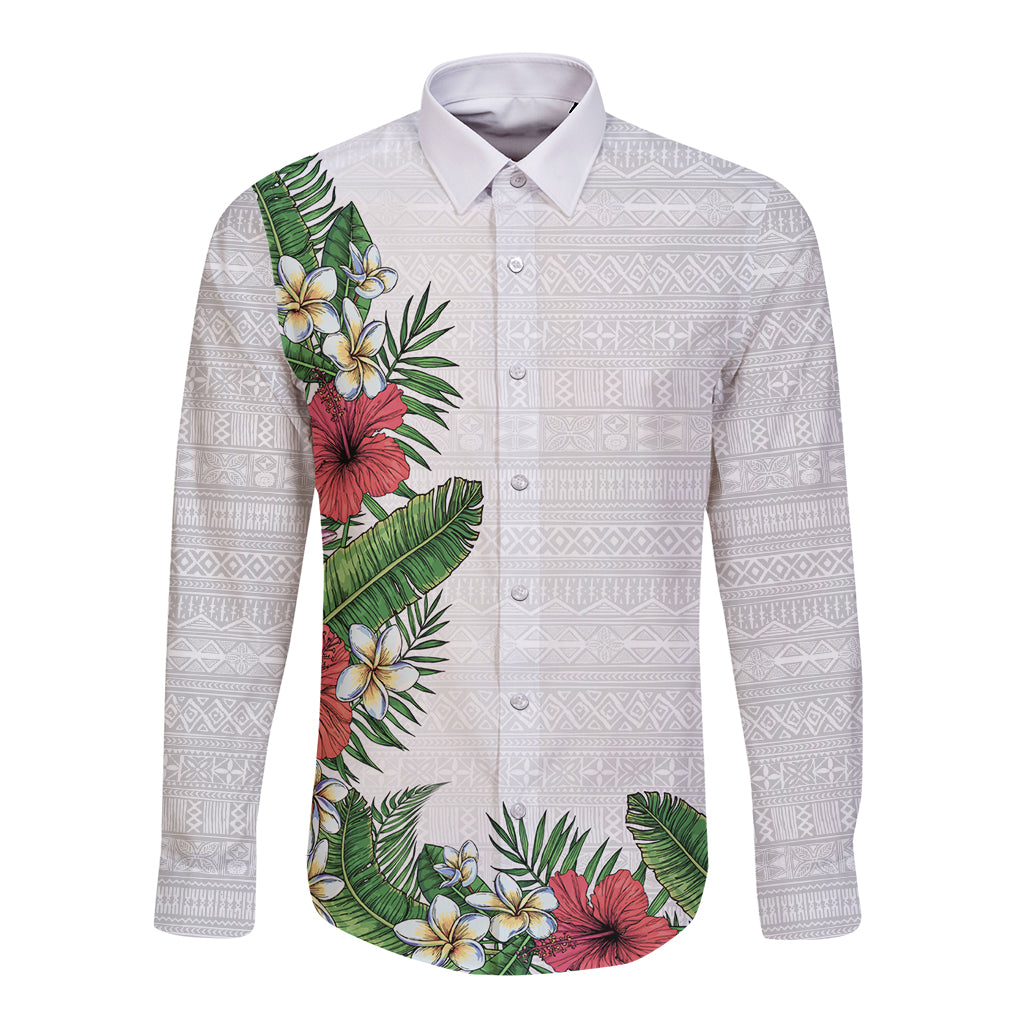 Hawaii Tropical Flowers and Leaves Long Sleeve Button Shirt Tapa Pattern White Mode